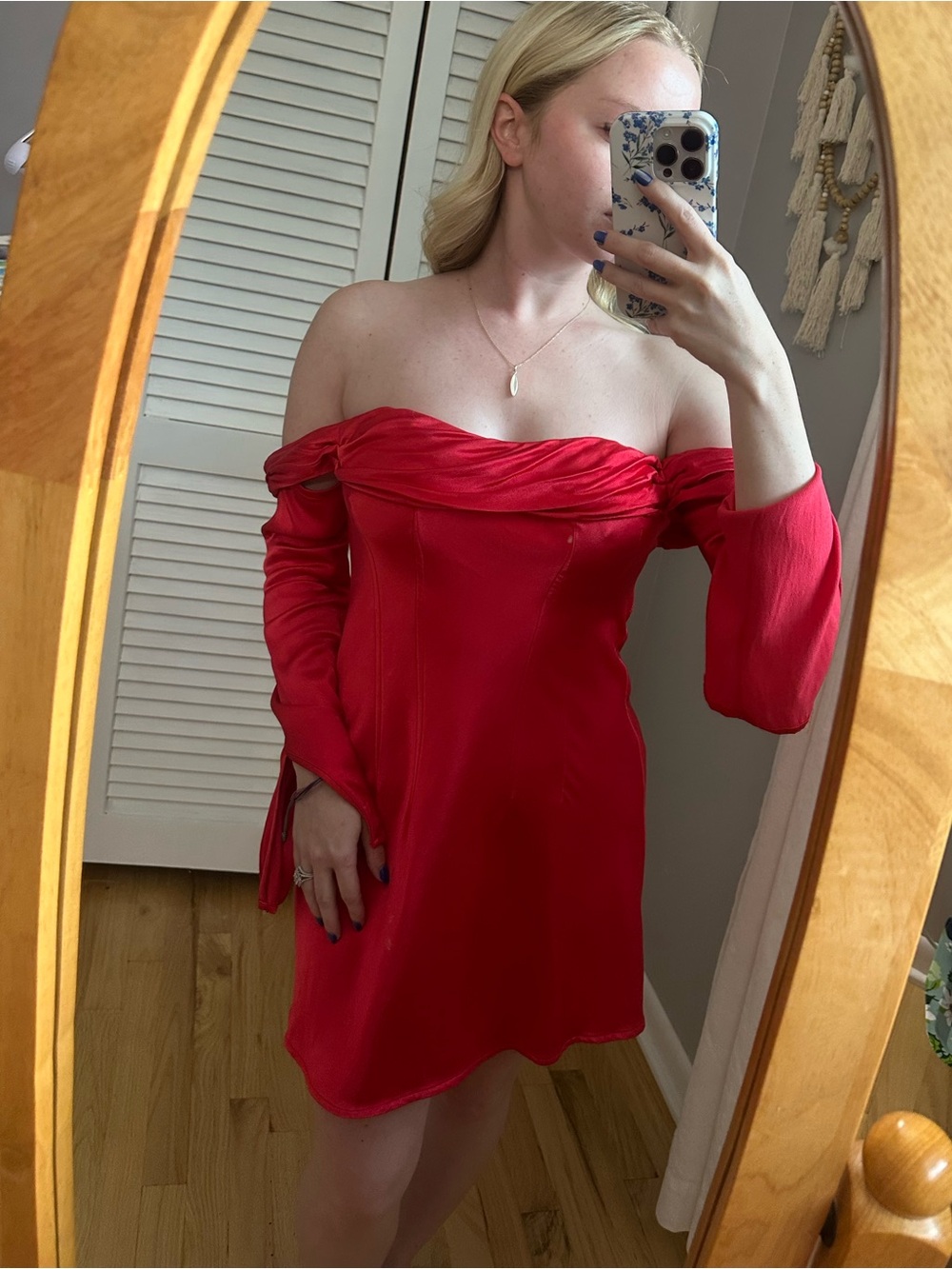 Meshki Giselle Off-Shoulder Satin Mini Dress in Red Size Small